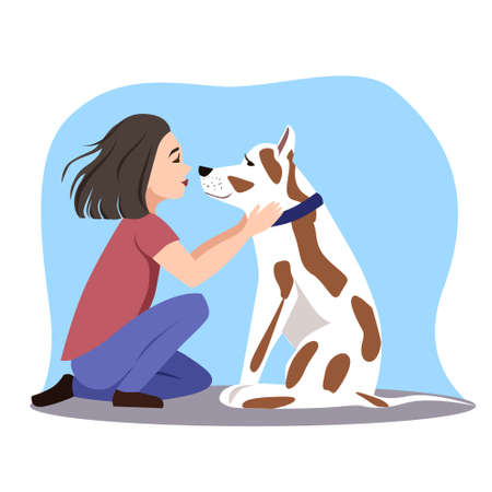 The girl is sitting with the dog opposite each other. The character looks into the eyes of his pet. Vector sketch of a cartoon illustration isolated on a white background.のイラスト素材