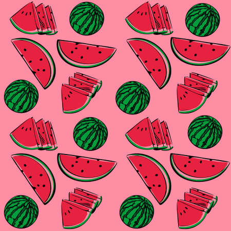 Seamless vector pattern of colored watermelon on a pink isolated background. For fabric, cover and...