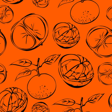 Seamless vector pattern of tangerine outline on orange isolated background. For fabric, cover, and background.のイラスト素材