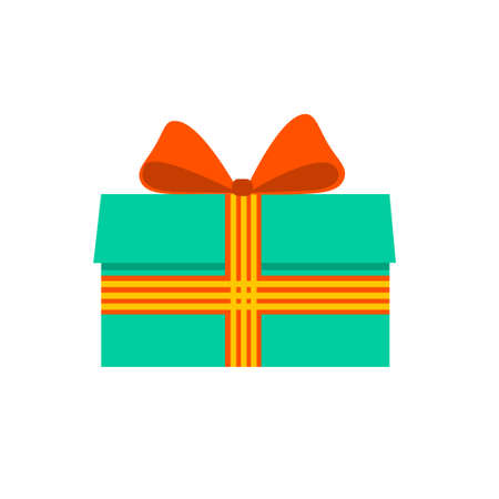 Gift in a mint box with an orange striped ribbon. Surprise with a beautiful bow. Flat style. For a  banner, or postcard. Vector illustration on a white isolated background.のイラスト素材