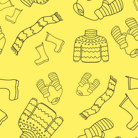 Seamless pattern with warm clothing on a yellow background. Warm sweater, scarf, mittens, rubber boots. Design of posters, kitchen textiles, clothing and websitesのイラスト素材