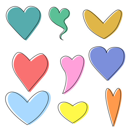 Set of hearts. The symbol of Valentine is day. Multi-colored icons. Bright shiny vector design illustration. Flat style.のイラスト素材