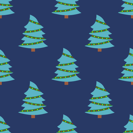 Vector seamless pattern of simple Christmas tree as a symbol of happy New Year, happy Christmas celebration on blue background. Background for textiles, covers, packaging paper.Flat styleのイラスト素材