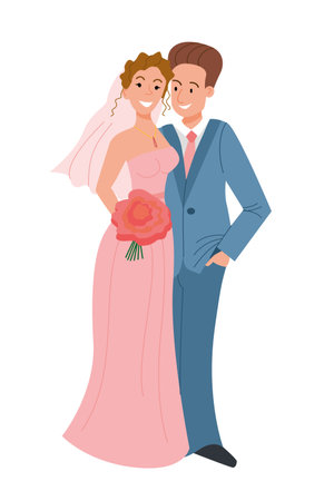 Beautiful young couple of bride and groom embracing on their wedding day. A girl in a pink wedding dress with a veil. Vector illustration in a flat style on a white background.のイラスト素材