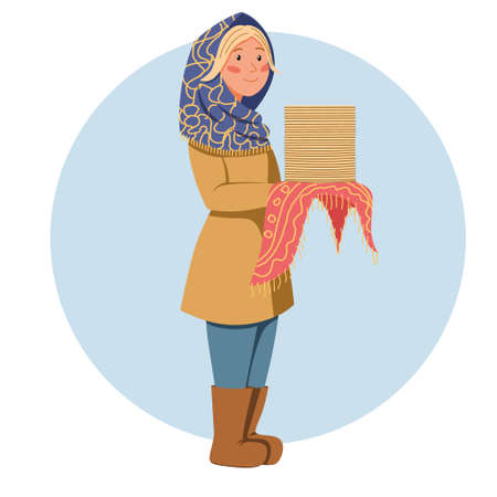 A girl in a scarf with pancakes in her hands. Pancake day. Shrovetide carnival. The great Russian holiday.のイラスト素材