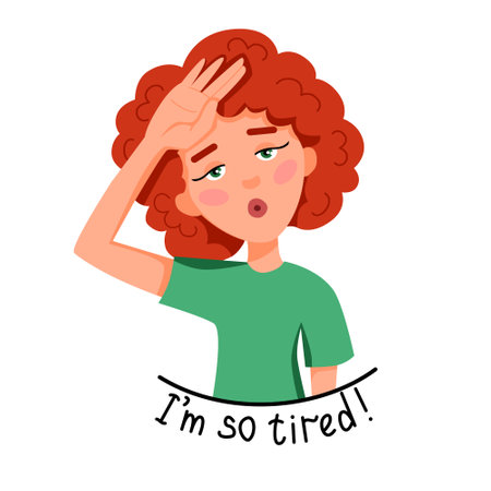 Vector illustration of a light-skinned girl with curly red hair who is tired.のイラスト素材