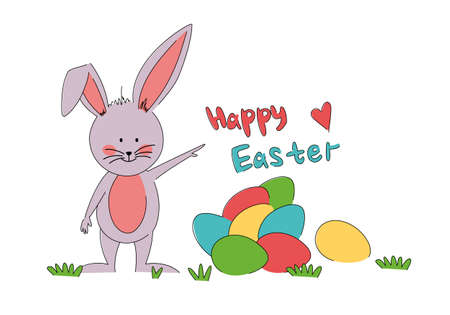 Happy Easter greeting card. A rabbit with a bunch of colorful eggs is standing in a clearing.のイラスト素材