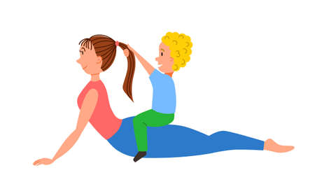 Mom and son do yoga, doing the snake pose.のイラスト素材