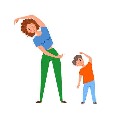 Mom and son do yoga, doing side bends.のイラスト素材