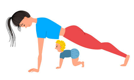 Mom and son do yoga, do the plank pose on straight arms.のイラスト素材