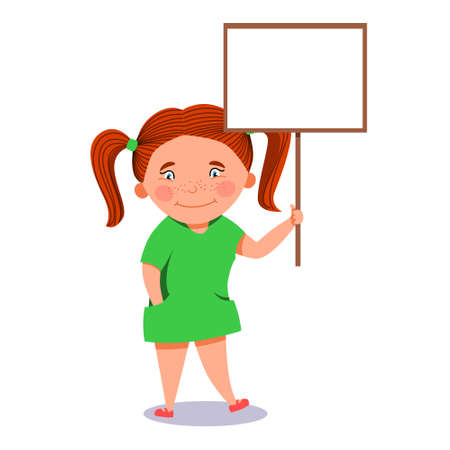 A red-haired girl with two ponytails holds a sign with the text.のイラスト素材