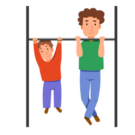 Characters for Fatheres Day. Father and son together do pull-ups on the crossbar.