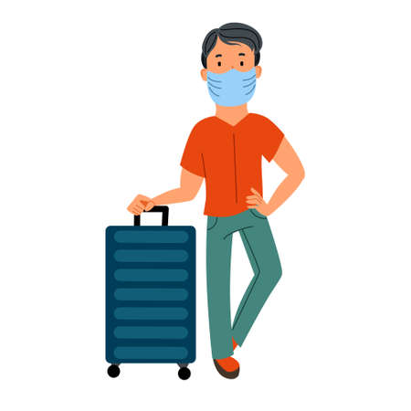 a man with a suitcase in a mask is waiting for his transport, a plane.のイラスト素材