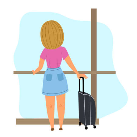A girl with a suitcase and a mask is waiting for her transport. View from the back.のイラスト素材