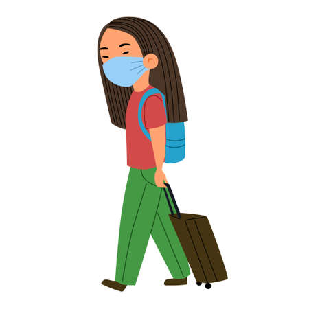 An Asian girl with a suitcase and a mask is waiting for her transport.のイラスト素材