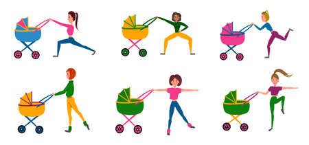 Set training with a baby stroller. A girl does sports exercises with her baby.のイラスト素材