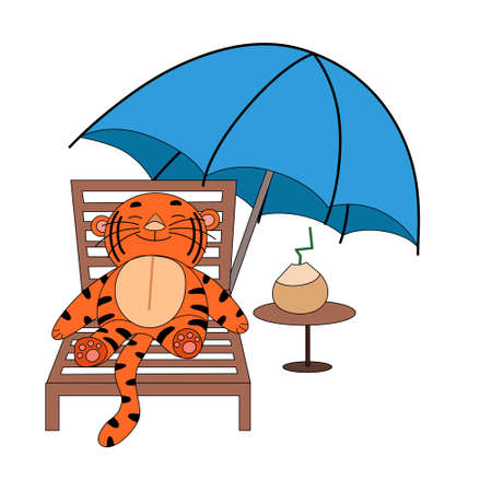 a tiger is lying on the beach under an umbrella, a cute animal.のイラスト素材