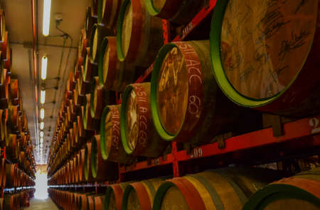 Spain, Gran Canaries, 20.09.2021: Canaries rum factory. Large barrels of rum of different years. Celebrity autographs and local markings on barrels.のeditorial素材