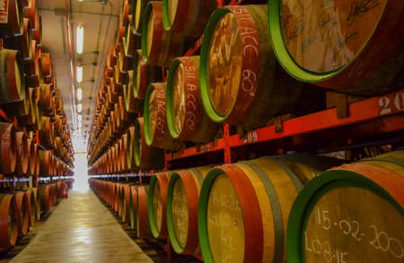 Spain, Gran Canaries, 20.09.2021: Canaries rum factory. Large barrels of rum of different years. Celebrity autographs and local markings on barrels.のeditorial素材