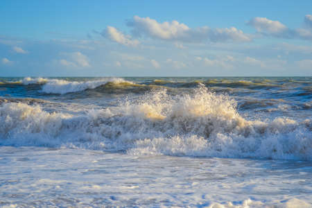 Small storm at sunset, high waves with white foamの写真素材