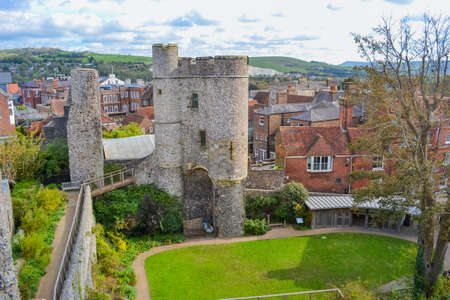 Aerial view of the tower of a castle in the village of Chepstow, UKの写真素材