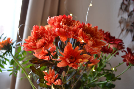 A bouquet of flowers, red as fire at home and a decoration of light. Flowers in a bouquet: Germini, Gerbera, Rose.の写真素材
