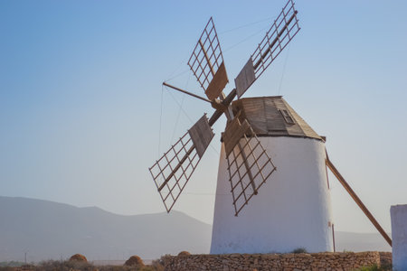 Spain, Fuerteventura, 16.12.2024: Windmills on the island that are being tried to be preserved due to their historical importanceの写真素材