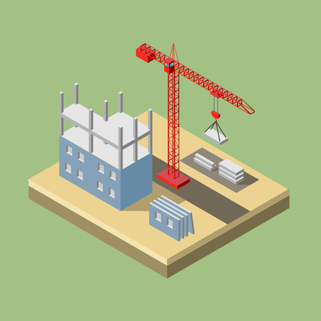Isometric industrial cranes for construction with building. Vector illustrationのイラスト素材