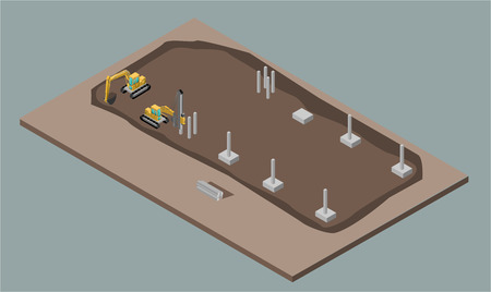 Indusrial warehouse building process. Isometric illustration of house construction.のイラスト素材