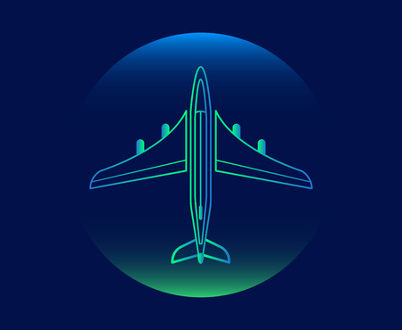 Modern neon thin icon of airplane on blue background illustration.のイラスト素材