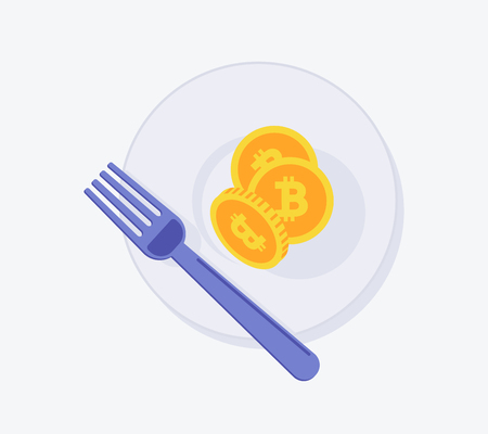 Bitcoin Fork icon. Vector illustration style is a flat iconic bitcoin fork symbol with plate. Designed for web and software interfaces.のイラスト素材