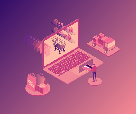 Online shopping isometric illustration with laptop, stores orders, buyer isolated vector illustrationのイラスト素材