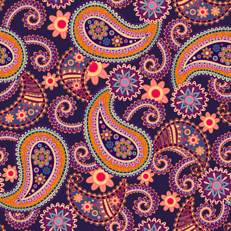 Seamless Paisley background.Colorful flowers and leafs on black background. Vector illustration.のイラスト素材