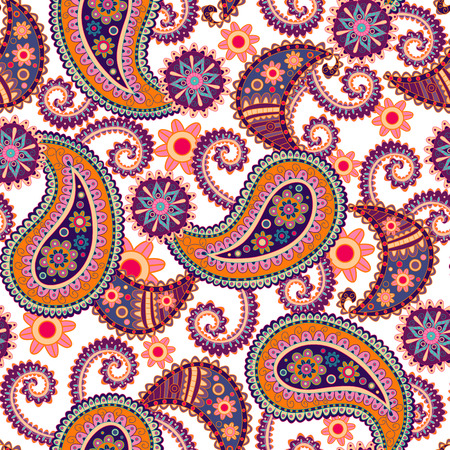 Seamless Paisley background.Colorful flowers and leafs on black background. Vector illustration.のイラスト素材