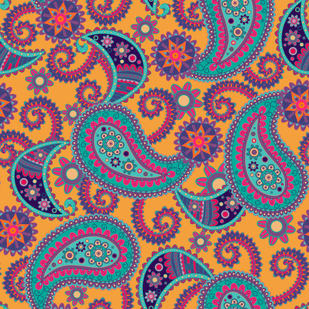 Seamless Paisley background.Colorful flowers and leafs on yellow background. Vector illustration.のイラスト素材