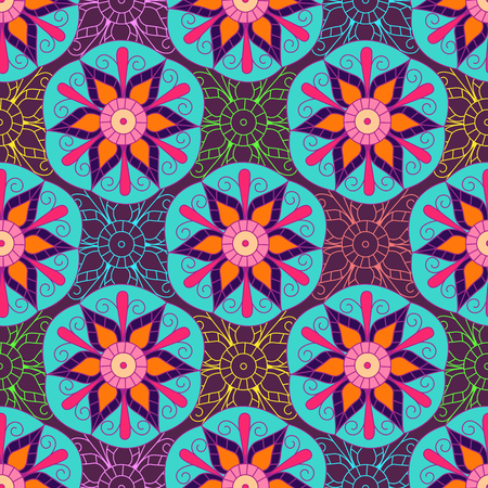 Seamless geometric  background. Isolated colorful flowers in circles and outline flowers. Vector illustration.のイラスト素材