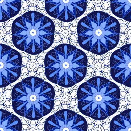 Seamless geometric  background. Isolated blue flowers in circles and outline flowers. Vector illustration.のイラスト素材