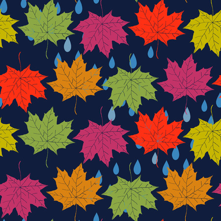Autumn seamless background with isolated raindrops and hand drawn colorful leaves. Vector illustration.のイラスト素材