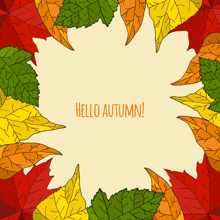 Autumn frame with hand drawn golden leaves. Vector illustration.のイラスト素材