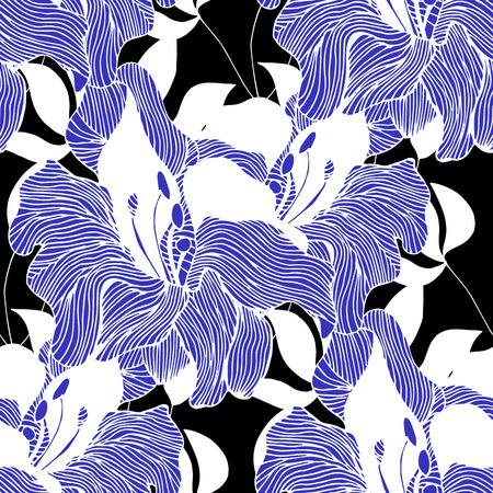 Abstract seamless hand painted background. Isolated blue flowers and wite leaves on black background. Vector illustration.のイラスト素材