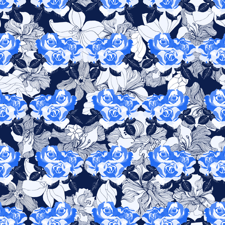 Seamless Paisley hand drawn background. Isolated blue flowers and leafs. Vector illustration.のイラスト素材