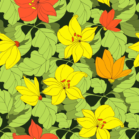 Abstract seamless pattern with isolated colorful flowers. Vector illustration.のイラスト素材