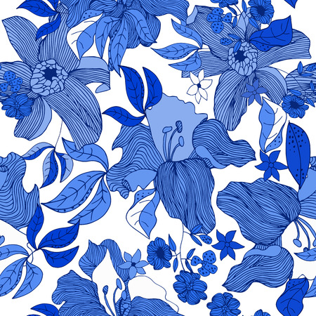 Abstract seamless hand drawing background. Isolated blue flowers and leafs. Vector illustration.のイラスト素材