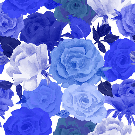 Abstract seamless watercolor hand painted background. Isolated blue flowers and leafs. Vector illustration.のイラスト素材