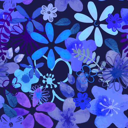 Abstract seamless watercolor hand painted background. Isolated blue flowers and leafs. Vector illustration.のイラスト素材