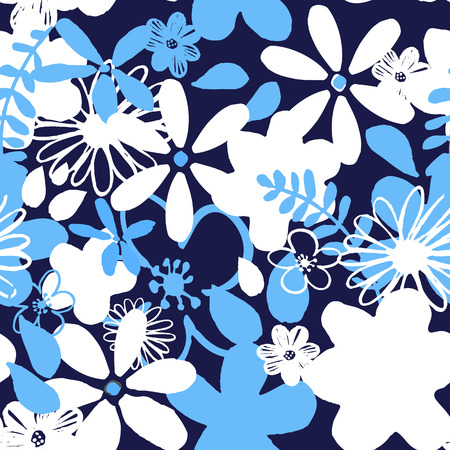 Abstract seamless watercolor hand painted background. Isolated blue flowers and leafs. Vector illustration.のイラスト素材