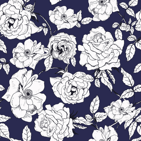 Abstract seamless pattern with hand drawing isolated white roses on blue background. Vector illustration.のイラスト素材