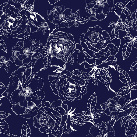 Abstract seamless pattern with hand drawing isolated blue with white roses on blue background. Vector illustration.のイラスト素材