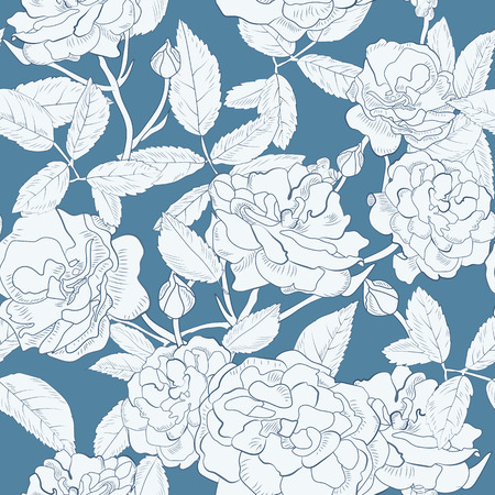 Abstract seamless pattern with hand drawing isolated white roses on blue background.のイラスト素材