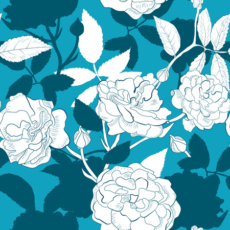 Abstract seamless pattern with hand drawing isolated white roses on blue background with black blue roses silhouette. のイラスト素材